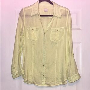 Chico's Linen Women's Button-Up Top Sz 2 (LG 12-14) Yellow Tab Sleeves Casual